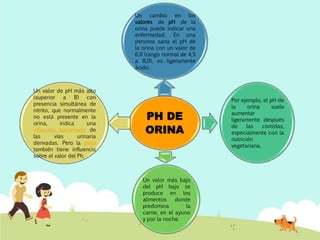 PH DE
ORINA
Un cambio en los
valores de pH de la
orina puede indicar una
enfermedad. En una
persona sana el pH de
la orina con un valor de
6,0 (rango normal de 4,5
a 8,0), es ligeramente
ácido.
Por ejemplo, el pH de
la orina suele
aumentar
ligeramente después
de las comidas,
especialmente con la
nutrición
vegetariana.
Un valor más bajo
del pH bajo se
produce en los
alimentos donde
predomina la
carne, en el ayuno
y por la noche.
Un valor de pH más alto
(superior a 8) con
presencia simultánea de
nitrito, que normalmente
no está presente en la
orina, indica una
infección bacteriana de
las vías urinaria
derivadas. Pero la dieta
también tiene influencia
sobre el valor del Ph.
 