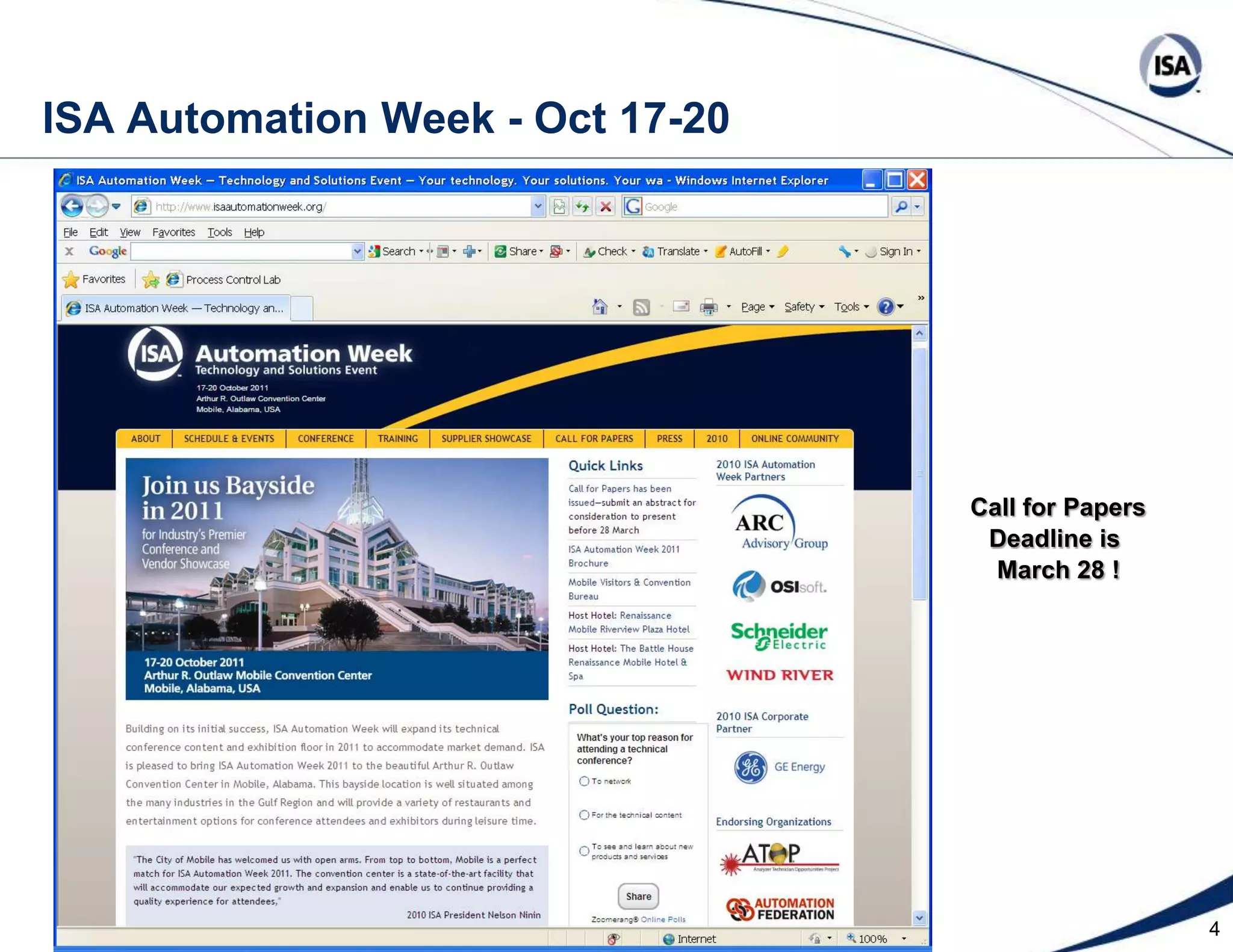4ISA Automation Week - Oct 17-20Call for PapersDeadline is March 28 !