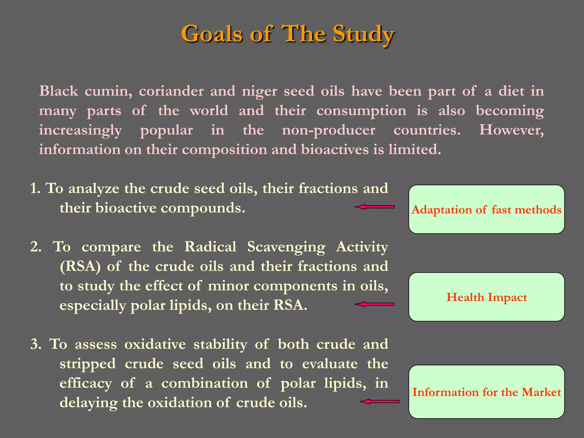 Goals of The Study

 Black cumin, coriander and niger seed oils have been part of a diet in
 many parts of the world and their consumption is also becoming
 increasingly popular in the non-producer countries. However,
 information on their composition and bioactives is limited.

1. To analyze the crude seed oils, their fractions and
     their bioactive compounds.                          Adaptation of fast methods

2. To compare the Radical Scavenging Activity
    (RSA) of the crude oils and their fractions and
    to study the effect of minor components in oils,
                                                               Health Impact
    especially polar lipids, on their RSA.

3. To assess oxidative stability of both crude and
    stripped crude seed oils and to evaluate the
    efficacy of a combination of polar lipids, in
                                                         Information for the Market
    delaying the oxidation of crude oils.
 