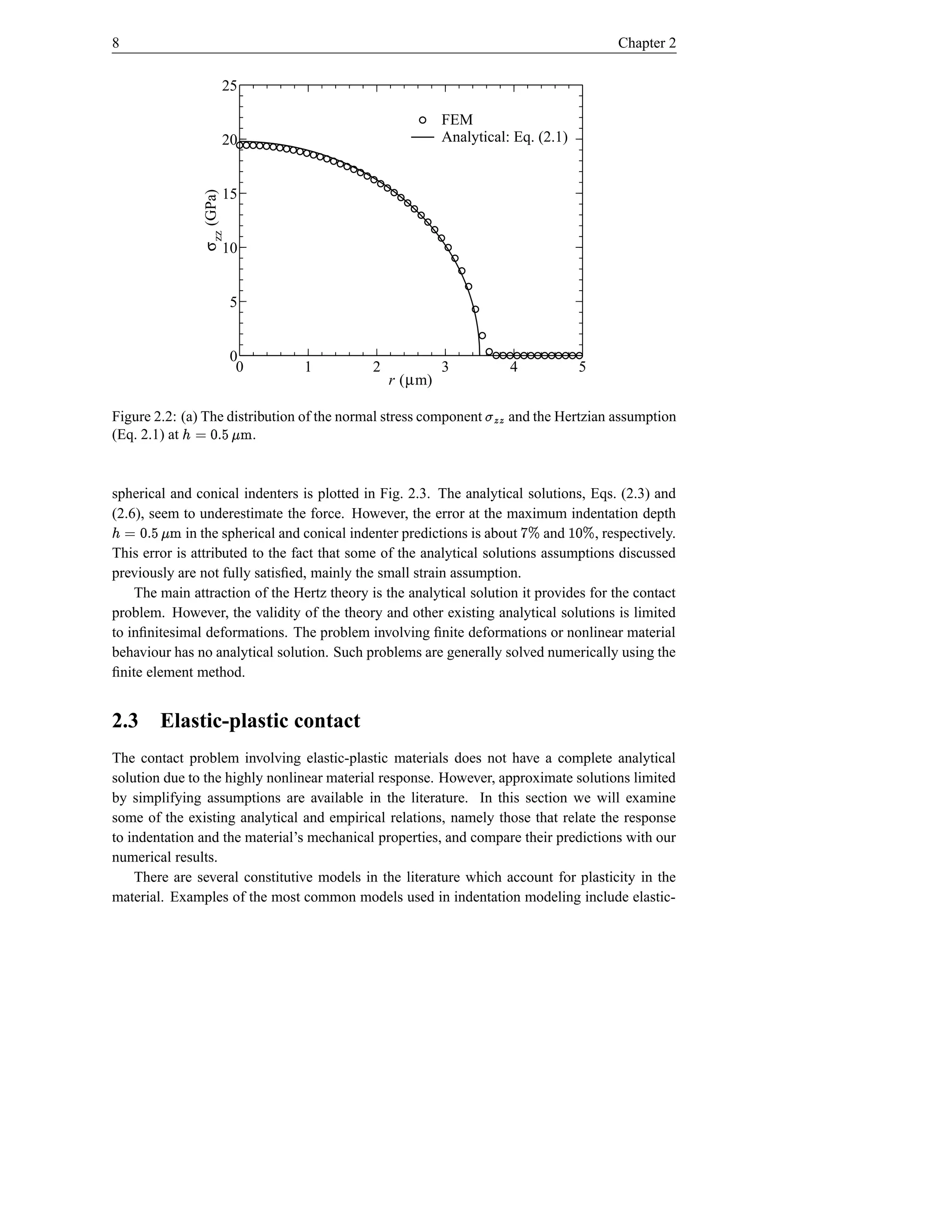 8                                                                                           Chapter 2

                        25

                                                          FEM
                        20                                Analytical: Eq. (2.1)


                        15
               σ zz (GPa)

                        10


                            5


                            0
                             0   1           2            3             4             5
                                                 r (µm)

Figure 2.2: (a) The distribution of the normal stress component   wvt
                                                                  uu    and the Hertzian assumption
(Eq. 2.1) at
             vxe %d © ¢
             hf s        .


spherical and conical indenters is plotted in Fig. 2.3. The analytical solutions, Eqs. (2.3) and
(2.6), seem to underestimate the force. However, the error at the maximum indentation depth
vxe %d © ¢
hf s         in the spherical and conical indenter predictions is about    and
                                                                            € y   € d 
                                                                                    , respectively.
This error is attributed to the fact that some of the analytical solutions assumptions discussed
previously are not fully satisﬁed, mainly the small strain assumption.
    The main attraction of the Hertz theory is the analytical solution it provides for the contact
problem. However, the validity of the theory and other existing analytical solutions is limited
to inﬁnitesimal deformations. The problem involving ﬁnite deformations or nonlinear material
behaviour has no analytical solution. Such problems are generally solved numerically using the
ﬁnite element method.


2.3     Elastic-plastic contact
The contact problem involving elastic-plastic materials does not have a complete analytical
solution due to the highly nonlinear material response. However, approximate solutions limited
by simplifying assumptions are available in the literature. In this section we will examine
some of the existing analytical and empirical relations, namely those that relate the response
to indentation and the material’s mechanical properties, and compare their predictions with our
numerical results.
    There are several constitutive models in the literature which account for plasticity in the
material. Examples of the most common models used in indentation modeling include elastic-
 