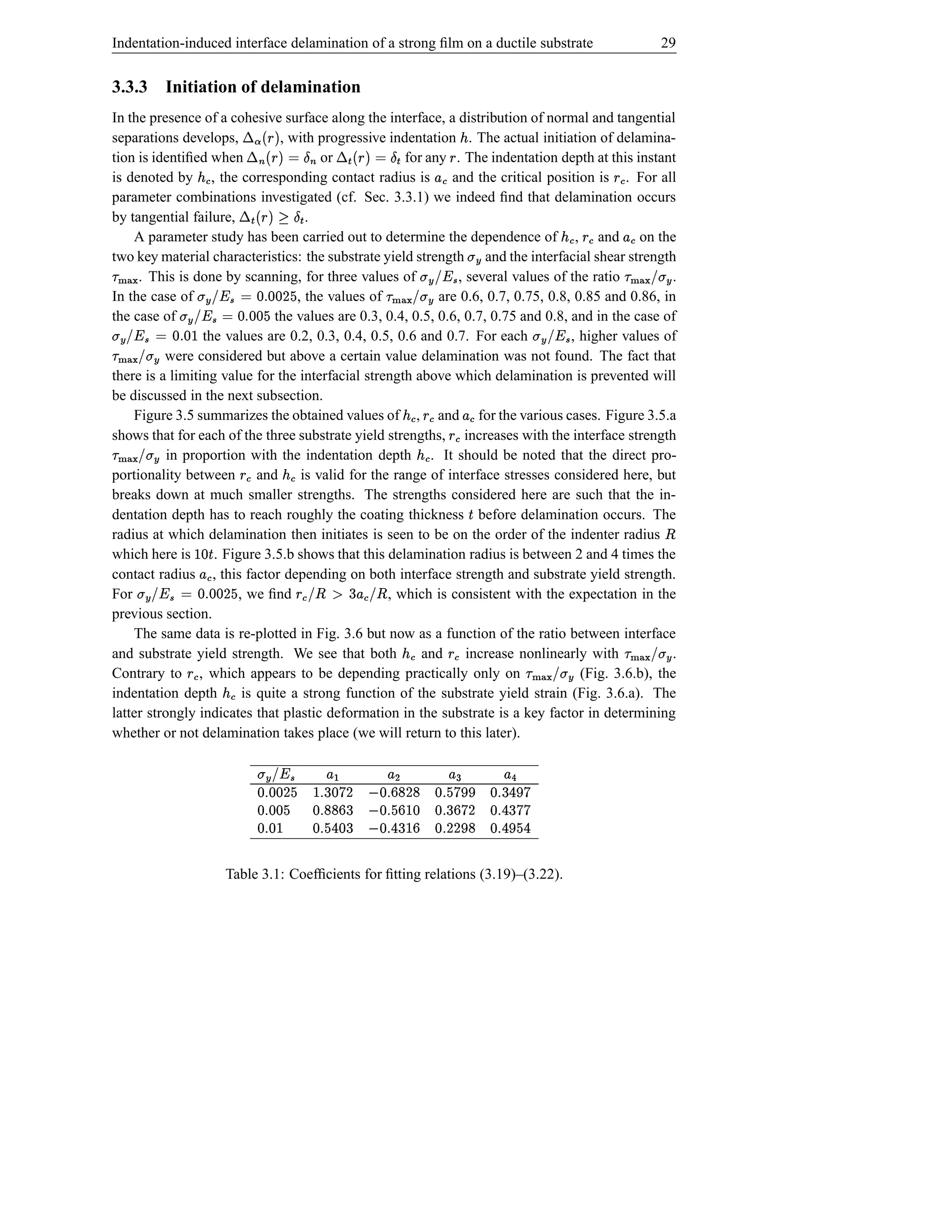 Indentation-induced interface delamination of a strong ﬁlm on a ductile substrate                                                                                    29


3.3.3 Initiation of delamination
                                                       ª ¬
In the presence of a cohesive surface along the interface, a distribution of normal and tangential
separations develops,                             b§  ¬    ¤      Î ›¬                Î `¤
                               , with progressive indentation . The actual initiation of delamina-
                                                $                                                                     ¢
tion is identiﬁed when                 or   © $b§                        © b§ 
                                                      for any . The indentation depth at this instant
                                                                            $                                    §
is denoted by , the corresponding contact radius is and the critical position is . For all
                         ì ‚¢                                                                             ì a£                                      ì œ§
                                       i Î`¤ i 2¬       Î
parameter combinations investigated (cf. Sec. 3.3.1) we indeed ﬁnd that delamination occurs
by tangential failure,              .          –b§ 
                                              í $
    A parameter study has been carried out to determine the dependence of , and on the                                                      ‰§ «¢
                                                                                                                                           ì ì                     ì F£
¡
two key material characteristics: the substrate yield strength and the interfacial shear strength                           Æt                                        ¡
     . This is done by scanning, for three values of
 D d %d © Pb! Æ t
e d s ç ¥                        hØ{
                                 }|                                                ¡
                                                               , several values of the ratio
                                                                                        ç bœ«t
                                                                                          ¥!Æ         .                                                    Æ#!`h|Ø{
                                                                                                                                                             t }
In the case of                    , the values of           are 0.6, 0.7, 0.75, 0.8, 0.85 and 0.86, in
                                                                                              Æ #! h){
                                                                                                t }|
       e d ad © Pb! Æ t
the case of
         d s ç ¥              the values are 0.3, 0.4, 0.5, 0.6, 0.7, 0.75 and 0.8, and in the case of
                     d %d © ‘b! Æ t¡
                 the values are 0.2, 0.3, 0.4, 0.5, 0.6 and 0.7. For each
                        s ç ¥                                                       , higher values of                                ‘#! Æ t
                                                                                                                                     ç ¥
          were considered but above a certain value delamination was not found. The fact that
                             #`hØ{
                            Æ t !}|
there is a limiting value for the interfacial strength above which delamination is prevented will
be discussed in the next subsection.
    Figure 3.5 summarizes the obtained values of , and for the various cases. Figure 3.5.a     ‰§ «¢
                                                                                              ì ì                         ì F£
¡
shows that for each of the three substrate yield strengths, increases with the interface strength                ì§
      t }| in proportion with the indentation depth . It should be noted that the direct pro-
    Æ #! hØ{                                                                                       ì «¢
portionality between and           is valid for the range of interface stresses considered here, but
                                       ì œ§         ì ‚¢
breaks down at much smaller strengths. The strengths considered here are such that the in-
dentation depth has to reach roughly the coating thickness before delamination occurs. The                                   Š
radius at which delamination then initiates is seen to be on the order of the indenter radius                                                                         ¤
which here is  Š bd 
                   . Figure 3.5.b shows that this delamination radius is between 2 and 4 times the
contact radius , this factor depending on both interface strength and substrate yield strength.
For
        ebD dd ì %£ d © ç b`t
                  s    , we ﬁnd
                           ¥!Æ
                                                                   6
                                                             #! ì £ p b! ì §
                                                   , which is consistent with the expectation in the
                                                           ¤          ¤
previous section.
    The same data is re-plotted in Fig. 3.6 but now as a function of the ratio between interface                                                           ¡
and substrate yield strength. We see that both           and     increase nonlinearly with    ì¢      .          ì§              ¡                              #`hØ{
                                                                                                                                                               Æ t !}|
Contrary to , which appears to be depending practically only on
                    ì§                                                                (Fig. 3.6.b), the                               #‰h){
                                                                                                                                     Æ t !}|
indentation depth       is quite a strong function of the substrate yield strain (Fig. 3.6.a). The
                                ì ¢
latter strongly indicates that plastic deformation in the substrate is a key factor in determining
whether or not delamination takes place (we will return to this later).

                                                      £6          £                  £            £ 6 eç b‰t
                                                                                                            ¥!Æ
                                               †c ë 64 %îDbBc yp e6 %d r Srp ep %d  D6 †eydr s  bDe d %d
                                              y s d c s D s                                                 d s
                                                ye 4 %d r y D %ï` 6 %d  6 p r e %d  d %d
                                               y s                     s d pd s                        s    d s
                                                4   c 4 %d c D %d
                                                         s           s            s4 %d     d 4 %d   s         d %d
                                                                                                                 s
                                 Table 3.1: Coefﬁcients for ﬁtting relations (3.19)–(3.22).
 