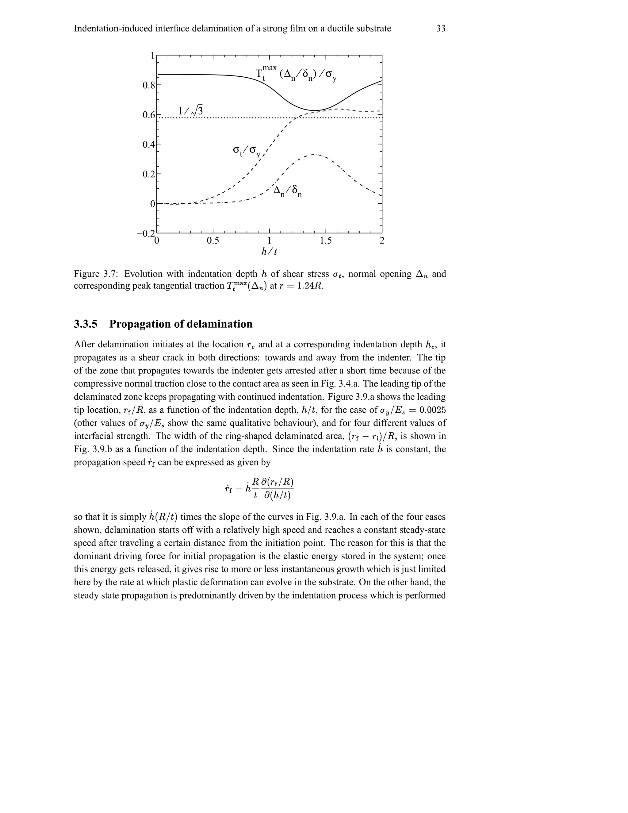 Indentation-induced interface delamination of a strong ﬁlm on a ductile substrate                                                            33

                            1
                                                                    max
                                                                   Tt        ( ∆n ⁄ δn) ⁄ σy
                         0.8

                         0.6            1⁄ 3


                         0.4                           σt ⁄ σy

                         0.2
                                                                            ∆n ⁄ δn
                            0

                        −0.2
                            0                  0.5                      1                   1.5                     2
                                                                    h⁄t
                                                                                                      Î                       ¬
Figure 3.7: Evolution with indentation depth
corresponding peak tangential traction
                                                       D s v© § $ ¢ ¬  j}){ Î ©
                                                     ¤4 
                                                                        of shear stress
                                                                        at
                                                                          |          .
                                                                                                  t       , normal opening                   and

                                                                                                                                  i
                                                                   i
3.3.5 Propagation of delamination
After delamination initiates at the location and at a corresponding indentation depth , it
                                                            ì §                                                                      ì «¢
propagates as a shear crack in both directions: towards and away from the indenter. The tip
of the zone that propagates towards the indenter gets arrested after a short time because of the
compressive normal traction close to the contact area as seen in Fig. 3.4.a. The leading tip of the
delaminated zone keeps propagating with continued indentation. Figure 3.9.a shows the leading
tip location,¤     , as a function of the indentation depth,
               b! Ì §                                          , for the case of      #«¢
                                                                                      Š!                             D bd %d © ç b‰vt
                                                                                                                    e d s         ¥!Æ
(other values of          show the same qualitative behaviour), and for four different values of
                         ‘b! Æ t
                        ç ¥
interfacial strength. The width of the ring-shaped delaminated area,                 , is shown in         bI$ §  œ§ 
                                                                                                           ¤!      Ì
Fig. 3.9.b as a function of the indentation depth. Since the indentation rate is constant, the                Á ¢»
propagation speed can be expressed as given by
                           ÌÁ§
                                                      f#! Ì §  ´ ¤ Á ¢ © @§
                                                     $ ¤
                                                      I#«¢  ´ Š Ì Á
                                                      $Š!
so that it is simply       I#f¤  Á ¢
                             times the slope of the curves in Fig. 3.9.a. In each of the four cases
                           $Š!
shown, delamination starts off with a relatively high speed and reaches a constant steady-state
speed after traveling a certain distance from the initiation point. The reason for this is that the
dominant driving force for initial propagation is the elastic energy stored in the system; once
this energy gets released, it gives rise to more or less instantaneous growth which is just limited
here by the rate at which plastic deformation can evolve in the substrate. On the other hand, the
steady state propagation is predominantly driven by the indentation process which is performed
 