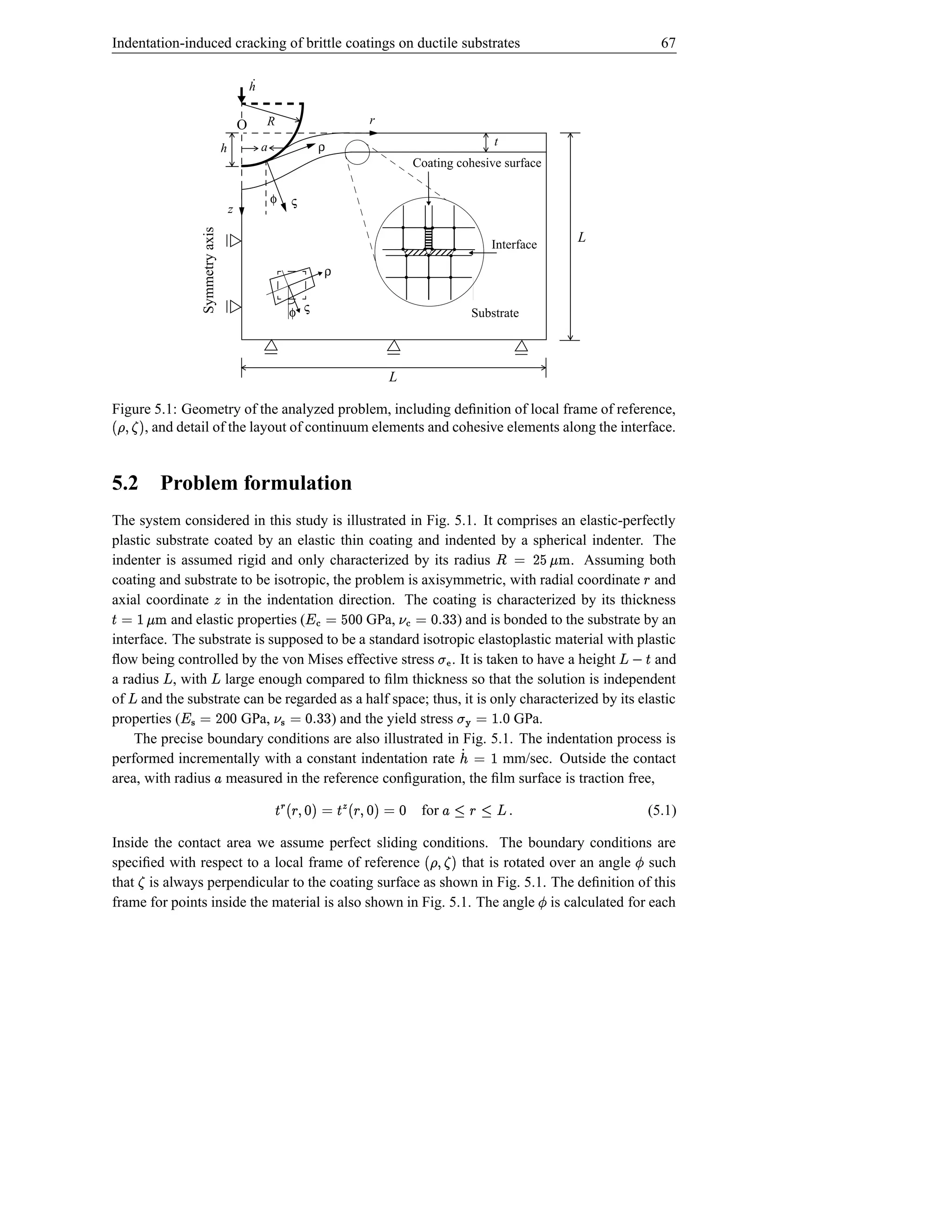 Indentation-induced cracking of brittle coatings on ductile substrates                                                                                      67

                                                    ˙
                                                    h


                                                O       R                          r

                                                        a                ρ                                                     t
                                        h
                                                                                              Coating cohesive surface

                                                            φ   ς
                    Symmetry axis           z

                                                                                                                           Interface
                                                                                                                                           L

                                                                            ρ


                                                                φ ς                                                 Substrate




                                                                                       L

Figure 5.1: Geometry of the analyzed problem, including deﬁnition of local frame of reference,
FU( üû
$ý   , and detail of the layout of continuum elements and cohesive elements along the interface.


5.2        Problem formulation
The system considered in this study is illustrated in Fig. 5.1. It comprises an elastic-perfectly
plastic substrate coated by an elastic thin coating and indented by a spherical indenter. The
indenter is assumed rigid and only characterized by its radius                   . Assuming both
                                                                                                                               vxbD © ¤
                                                                                                                               hfe
coating and substrate to be isotropic, the problem is axisymmetric, with radial coordinate and                                                        §
axial coordinate in the indentation direction. The coating is characterized by its thickness
                                                                                                       6 6
 vf ƒ© Š
h         and elastic properties (          GPa,                     d e © Œ ¥             %d © Œ ¦
                                                             ) and is bonded to the substrate by an
                                                                    d                      s
interface. The substrate is supposed to be a standard isotropic elastoplastic material with plastic
ﬂow being controlled by the von Mises effective stress . It is taken to have a height          and  Žt                                         Š  ž
a radius , with large enough compared to ﬁlm thickness so that the solution is independent
           ž                ž
of and the substrate can be regarded as a half space; thus, it is only characterized by its elastic
   ž                                                                     6 6
properties (   d bd D ©  ¥
                       GPa,           ) and the yield stresss %d ©  ¦ GPa.                                    sd ƒ©  t
                                                                                                                  
    The precise boundary conditions are also illustrated in Fig. 5.1. The indentation process is
performed incrementally with a constant indentation rate              mm/sec. Outside the contact                    ò© Á ¢
area, with radius measured in the reference conﬁguration, the ﬁlm surface is traction free,
                                    £
                                                            d © †U#§  u Š © †U§  Â Š
                                                                $d(          $d(                for      €ž —3•£
                                                                                                        s 1 § 1                                           (5.1)

Inside the contact area we assume perfect sliding conditions. The boundary conditions are
speciﬁed with respect to a local frame of reference          that is rotated over an angle such  FU( üû
                                                                                                 $ý                                               Ï
that is always perpendicular to the coating surface as shown in Fig. 5.1. The deﬁnition of this
       ý
frame for points inside the material is also shown in Fig. 5.1. The angle is calculated for each                                       Ï
 
