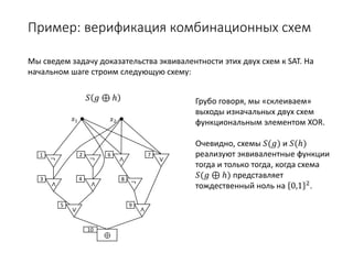 Пример: верификация комбинационных схем
Мы сведем задачу доказательства эквивалентности этих двух схем к SAT. На
начальном шаге строим следующую схему:
Грубо говоря, мы «склеиваем»
выходы изначальных двух схем
функциональным элементом XOR.
Очевидно, схемы 𝑆𝑆(𝑔𝑔) и 𝑆𝑆(ℎ)
реализуют эквивалентные функции
тогда и только тогда, когда схема
𝑆𝑆(𝑔𝑔 ⊕ ℎ) представляет
тождественный ноль на 0,1 2.
𝑆𝑆 𝑔𝑔 ⊕ ℎ
¬ ¬
∧ ∧
∨
𝑥𝑥1 𝑥𝑥2
∧ ∨
¬
∧
⊕
10
1
3
2
4 8
6 7
95
 