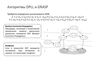 Алгоритмы DPLL и GRASP
Требуется определить выполнимость КНФ:
С = ¬𝑥𝑥1 ∨ 𝑥𝑥2 ∧ ¬𝑥𝑥1 ∨ 𝑥𝑥3 ∨ ¬𝑥𝑥4 ∧ ¬𝑥𝑥2 ∨ 𝑥𝑥3 ∨ 𝑥𝑥5 ∧ 𝑥𝑥4 ∨ 𝑥𝑥8 ∨ ¬𝑥𝑥9 ∧
∧ ¬𝑥𝑥5 ∨ 𝑥𝑥8 ∨ 𝑥𝑥9 ∧ ¬𝑥𝑥6 ∨ ¬𝑥𝑥5 ∨ 𝑥𝑥7 ∧ ¬𝑥𝑥1 ∨ ¬𝑥𝑥8 ∨ 𝑥𝑥10 ∧ (𝑥𝑥4 ∨ ¬𝑥𝑥8 ∨ ¬𝑥𝑥10)
Boolean Constraint Propagation
Процедура, состоящая в итеративном
применении правила единичного
дизъюнкта называется BCP (Boolean
Constraint Propagation)
Конфликт
Если в результате BCP выводится
контрарная пара литералов, то
говорят, что происходит конфликт
 