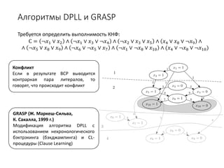 Алгоритмы DPLL и GRASP
Требуется определить выполнимость КНФ:
С = ¬𝑥𝑥1 ∨ 𝑥𝑥2 ∧ ¬𝑥𝑥1 ∨ 𝑥𝑥3 ∨ ¬𝑥𝑥4 ∧ ¬𝑥𝑥2 ∨ 𝑥𝑥3 ∨ 𝑥𝑥5 ∧ 𝑥𝑥4 ∨ 𝑥𝑥8 ∨ ¬𝑥𝑥9 ∧
∧ ¬𝑥𝑥5 ∨ 𝑥𝑥8 ∨ 𝑥𝑥9 ∧ ¬𝑥𝑥6 ∨ ¬𝑥𝑥5 ∨ 𝑥𝑥7 ∧ ¬𝑥𝑥1 ∨ ¬𝑥𝑥8 ∨ 𝑥𝑥10 ∧ (𝑥𝑥4 ∨ ¬𝑥𝑥8 ∨ ¬𝑥𝑥10)
GRASP (Ж. Маркеш-Сильва,
К. Сакалла, 1999 г.)
Модификация алгоритма DPLL с
использованием нехронологического
бэктрэкинга (бэкджампинга) и CL-
процедуры (Clause Learning)
Конфликт
Если в результате BCP выводится
контрарная пара литералов, то
говорят, что происходит конфликт
 