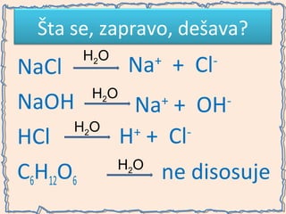 Šta se, zapravo, dešava?
H2O

Na + Cl
NaCl
HO
+
NaOH
Na + OH
HO
+
H + Cl
HCl
HO
C6H12O6
ne disosuje
+

2

2

2

-

 