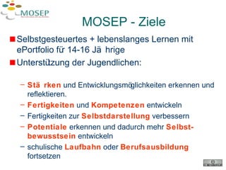 MOSEP - Ziele  Selbstgesteuertes + lebenslanges Lernen mit ePortfolio für 14-16 Jährige Unterstützung der Jugendlichen: Stärken  und Entwicklungsmöglichkeiten erkennen und reflektieren. Fertigkeiten  und  Kompetenzen  entwickeln Fertigkeiten zur  Selbstdarstellung  verbessern Potentiale  erkennen und dadurch mehr  Selbst-bewusstsein  entwickeln schulische  Laufbahn  oder  Berufsausbildung  fortsetzen 