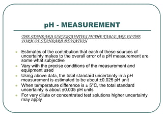 pH - MEASUREMENT
THE STANDARD UNCERTAINTIES IN THE TABLE ARE IN THE
FORM OF STANDARD DEVIATION
 Estimates of the contribution that each of these sources of
uncertainty makes to the overall error of a pH measurement are
some what subjective
 Vary with the precise conditions of the measurement and
equipment used
 Using above data, the total standard uncertainty in a pH
measurement is estimated to be about ±0.025 pH unit
 When temperature difference is ± 5°C, the total standard
uncertainty is about ±0.035 pH units
 For very dilute or concentrated test solutions higher uncertainty
may apply
 