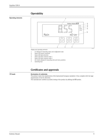 Liquiline CM14
Endress+Hauser 9
Operability
Operating elements
a0015311
Display and operating elements
1 LC display for measuring values and configuration data
2 Status LED power connected
3 Status LED alarm function
4 Status LED limit contactor relay 1
5 Status LED limit contactor relay 2
6 Dot matrix display for measuring units and menu positions
7 Operating keys
Certificates and approvals
4 mark Declaration of conformity
The product meets the requirements of the harmonized European standards. It thus complies with the legal
requirements of the EC directives.
The manufacturer confirms successful testing of the product by affixing the 4 symbol.
 