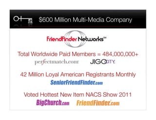 $600 Million Multi-Media Company




Total Worldwide Paid Members = 484,000,000+


42 Million Loyal American Registrants Monthly


  Voted Hottest New Item NACS Show 2011 
 