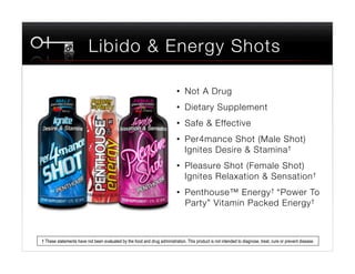 Libido & Energy Shots

                                                                           •  Not A Drug
                                                                           •  Dietary Supplement
                                                                           •  Safe & Effective
                                                                           •  Per4mance Shot (Male Shot)
                                                                              Ignites Desire & Stamina † 
                                                                           •  Pleasure Shot (Female Shot)
                                                                              Ignites Relaxation & Sensation † 
                                                                           •  Penthouse™ Energy † “Power To
                                                                              Party” Vitamin Packed Energy † 



† These statements have not been evaluated by the food and drug administration. This product is not intended to diagnose, treat, cure or prevent disease.
 