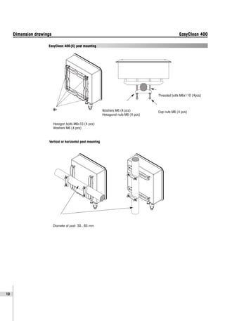 12
Dimension drawings EasyClean 400
EasyClean 400(X) post mounting
Hexagon bolts M6x10 (4 pcs)
Washers M6 (4 pcs)
Washers M6 (4 pcs)
Hexagonal nuts M6 (4 pcs)
Threaded bolts M6x110 (4pcs)
Cap nuts M6 (4 pcs)
Vertical or horizontal post mounting
Diameter of post: 30...65 mm
 