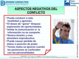 Puede conducir a más hostilidad y agresión. El deseo de “ganar” bloquea  exploración de oportunidades. Inhibe la comunicación si  la  información no se comparte. Genera tensión y crea atmósfera improductiva. Puede causar pérdida de status o posición de poder. Temas reales se ignoran cuando las posiciones se confunden  con las personalidades. ASPECTOS NEGATIVOS DEL CONFLICTO 