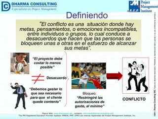 Definiendo “ El conflicto es una  situación donde hay metas, pensamientos, o emociones incompatibles, entre individuos o grupos, lo cual conduce a desacuerdos que hacen que las personas se bloqueen unas a otras en el esfuerzo de alcanzar sus metas”.   “ El proyecto debe costar lo menos  posible” “ Debemos gastar lo  que sea necesario para que  el cliente quede contento” Desacuerdo Bloqueo: “ Restringiré las autorizaciones de gasto, al mínimo” CONFLICTO 