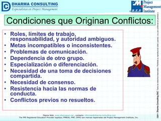 Roles, límites de trabajo, responsabilidad, y autoridad ambiguos. Metas incompatibles o inconsistentes. Problemas de comunicación. Dependencia de otro grupo.   Especialización o diferenciación. Necesidad de una toma de decisiones compartida. Necesidad de consenso. Resistencia hacia las normas de conducta. Conflictos previos no resueltos. Condiciones que Originan Conflictos: 