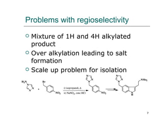 Problems with regioselectivity
   Mixture of 1H and 4H alkylated
    product
   Over alkylation leading to salt
    formation
   Scale up problem for isolation
   Solutions: Amination of 4 Nitogen




                                        7
 
