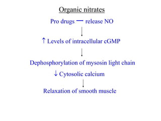 Organic nitrates
Pro drugs release NO
 Levels of intracellular cGMP
Dephosphorylation of mysosin light chain
 Cytosolic calcium
Relaxation of smooth muscle
 