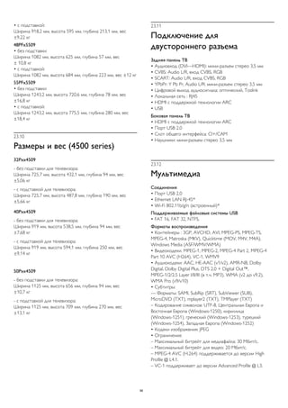 • с подставкой: 
Ширина 918,2 мм, высота 595 мм, глубина 213,1 мм, вес 
±9,22 кг 
48PFx5509 
• без подставки: 
Ширина 1082 мм, высота 625 мм, глубина 57 мм, вес 
± 10,8 кг 
• с подставкой: 
Ширина 1082 мм, высота 684 мм, глубина 223 мм, вес ±12 кг 
55PFx5509 
• без подставки: 
Ширина 1243,2 мм, высота 720,6 мм, глубина 78 мм, вес 
±16,8 кг 
• с подставкой: 
Ширина 1243,2 мм, высота 775,5 мм, глубина 280 мм, вес 
±18,4 кг 
23.10 
Размеры и вес (4500 series) 
32Pxx4509 
- без подставки для телевизора: 
Ширина 725,7 мм, высота 432,1 мм, глубина 94 мм, вес 
±5,06 кг 
- с подставкой для телевизора: 
Ширина 725,7 мм, высота 487,8 мм, глубина 190 мм, вес 
±5,66 кг 
40Pxx4509 
- без подставки для телевизора: 
Ширина 919 мм, высота 538,5 мм, глубина 94 мм, вес 
±7,68 кг 
- с подставкой для телевизора: 
Ширина 919 мм, высота 594,1 мм, глубина 250 мм, вес 
±9,14 кг 
50Pxx4509 
- без подставки для телевизора: 
Ширина 1125 мм, высота 656 мм, глубина 94 мм, вес 
±10,7 кг 
- с подставкой для телевизора: 
Ширина 1125 мм, высота 709 мм, глубина 270 мм, вес 
±13,1 кг 
23.11 
Подключение для 
двустороннего разъема 
Задняя панель ТВ 
• Аудиовход (DVI—HDMI): мини-разъем стерео 3,5 мм 
• CVBS: Audio L/R, вход CVBS, RGB 
• SCART: Audio L/R, вход CVBS, RGB 
• YPbPr: Y Pb Pr, Audio L/R: мини-разъем стерео 3,5 мм 
• Цифровой выход аудиосигнала: оптический, Toslink 
• Локальная сеть : RJ45 
• HDMI с поддержкой технологии ARC 
• USB 
Боковая панель ТВ 
• HDMI с поддержкой технологии ARC 
• Порт USB 2.0 
• Слот общего интерфейса: CI+/CAM 
• Наушники: мини-разъем стерео 3,5 мм 
23.12 
Мультимедиа 
Соединения 
• Порт USB 2.0 
• Ethernet LAN RJ-45* 
• Wi-Fi 802.11b/g/n (встроенный)* 
Поддерживаемые файловые системы USB 
• FAT 16, FAT 32, NTFS. 
Форматы воспроизведения 
• Контейнеры : 3GP, AVCHD, AVI, MPEG-PS, MPEG-TS, 
MPEG-4, Matroska (MKV), Quicktime (MOV, M4V, M4A), 
Windows Media (ASF/WMV/WMA) 
• Видеокодеки: MPEG-1, MPEG-2, MPEG-4 Part 2, MPEG-4 
Part 10 AVC (H264), VC-1, WMV9 
• Аудиокодеки: AAC, HE-AAC (v1/v2), AMR-NB, Dolby 
Digital, Dolby Digital Plus, DTS 2.0 + Digital Out™, 
MPEG-1/2/2.5 Layer I/II/III (в т.ч. MP3), WMA (v2 до v9.2), 
WMA Pro (v9/v10) 
• Субтитры: 
— Форматы: SAMI, SubRip (SRT), SubViewer (SUB), 
MicroDVD (TXT), mplayer2 (TXT), TMPlayer (TXT) 
– Кодирование символов: UTF-8, Центральная Европа и 
Восточная Европа (Windows-1250), кириллица 
(Windows-1251), греческий (Windows-1253), турецкий 
(Windows-1254), Западная Европа (Windows-1252) 
• Кодеки изображения: JPEG 
• Ограничения: 
– Максимальный битрейт для медиафайла: 30 Мбит/с. 
– Максимальный битрейт для видео: 20 Мбит/с. 
– MPEG-4 AVC (H.264) поддерживается до версии High 
Profile @ L4.1. 
– VC-1 поддерживает до версии Advanced Profile @ L3. 
96 
 