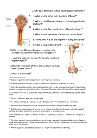 3.Why does cartilage not have neurovascular elements?67
4.What are the other main functions of bone?68
5.What is the difference between axial and appendicular
skeleton?69
6.What are the ﬁve classiﬁcations of bone by shape?70
7.What are the two types of tissue in a mature bone?71
8. Name parts A-E on the diagram of a long bone (left)72
9.What is the perichondrium?73
10.What is the difference between endochondrial
ossiﬁcation and intramembranous ossiﬁcation?74
11. Label the external markings A-H on the long bone
diagram (right)75
12.Describe what each of these are: Condyle, trochlea,
facet, process, ramus76
13.What is a tubercle?77
67 Because it gains its nutrients by diffusion from the ground substance
68 Haemopoesis (bone marrow), storage of calcium and phosphorus, protection (e.g. skull)
69 Axial = bones that derive from the central axis of the body i.e. ribs, skull, vertebral column. Appendicular
skeleton = more peripheral and derive from the bones of the axial skeleton (limbs, pelvis, scapula, clavicle)
70 Long bone, Flat bone (e.g. sternum), Irregular bone (e.g. vertebra), Sesamoid bone (e.g. patella), short
bone
71 Spongy (trabecular) bone and compact bone
72 A = articular cartilage, B = spongy bone, C = Endosteum, D = Compact bone, E = Periosteum
73 A layer of dense irregular connective tissue that surrounds the cartilage of developing bone
74 Endochondrial = development of bone at end of existing bone, Intramembranous = without the use of
cartilage and taking place within a mesenchyme or cavity of an existing bone
75 A =Trochanter, B = fossa, C = Head, D = neck, E = tuberosity, E = facet, F = trochlea, G = condyle, H =
tubercle
76 Condyle = a smooth rounded articular process, trochlea = a smooth grooved articular process, facet = a
small ﬂat articular surface, Process = any projection or bump, Ramus = an extension of the bone at an angle
to the rest of the structure
77 A small roughened projection (as opposed to a rough one: trochanter or tuberosity)
 