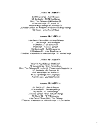 4
Journée 13 - 29/11/2015
Swift Hesperange - Avenir Beggen
US Sandweiler - FC 72 Erpeldange
Union Titus Pétange - UN Kaerjeng 97
FC Mondercange - FC Mamer 32
Union 05 Kayl-Tétange - FC Rodange 91
Jeunesse Canach - FF Norden 02 Weiswampach-Hupperdange
US Hostert - Union Remich/Bous
Journée 14 - 21/02/2016
Union Remich/Bous - Union 05 Kayl-Tétange
FC 72 Erpeldange - Avenir Beggen
FC Mamer 32 - US Sandweiler
US Hostert - Jeunesse Canach
UN Kaerjeng 97 - Swift Hesperange
FC Rodange 91 - Union Titus Pétange
FF Norden 02 Weiswampach-Hupperdange - FC Mondercange
Journée 15 - 28/02/2016
Union 05 Kayl-Tétange - US Hostert
FC Mondercange - Union Remich/Bous
Union Titus Pétange - FF Norden 02 Weiswampach-Hupperdange
US Sandweiler - FC Rodange 91
Swift Hesperange - FC Mamer 32
FC 72 Erpeldange - UN Kaerjeng 97
Avenir Beggen - Jeunesse Canach
Journée 16 - 06/03/2016
UN Kaerjeng 97 - Avenir Beggen
FC Rodange 91 - Swift Hesperange
US Hostert - FC Mondercange
Jeunesse Canach - Union 05 Kayl-Tétange
FC Mamer 32 - FC 72 Erpeldange
Union Remich/Bous - Union Titus Pétange
FF Norden 02 Weiswampach-Hupperdange - US Sandweiler
 