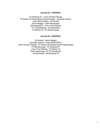 7
Journée 25 - 13/05/2016
FC Rodange 91 - Union 05 Kayl-Tétange
FF Norden 02 Weiswampach-Hupperdange - Jeunesse Canach
Union Remich/Bous - US Hostert
Avenir Beggen - Swift Hesperange
UN Kaerjeng 97 - Union Titus Pétange
FC 72 Erpeldange - US Sandweiler
FC Mamer 32 - FC Mondercange
Journée 26 - 22/05/2016
US Hostert - Avenir Beggen
Jeunesse Canach - Union Remich/Bous
Union 05 Kayl-Tétange - FF Norden 02 Weiswampach-Hupperdange
FC Mondercange - FC Rodange 91
Union Titus Pétange - FC Mamer 32
Swift Hesperange - FC 72 Erpeldange
US Sandweiler - UN Kaerjeng 97
 