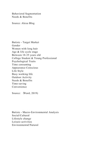 Behavioral Segmentation
Needs & Benefits
Source: Alexa Blog
Batiste - Target Market
Gender
Women with long hair
Age & life cycle stage
Between 18-35 years old
College Student & Young Professional
Psychological Traits
Time consuming
Appearance Conscious
Life Style
Busy working life
Outdoor Activity
Needs & Benefits
Time-saving
Convenience
Source: （Ward, 2019)
Batiste - Macro-Environmental Analysis
Social/Cultural
Lifestyle change
Leisure activities
Environmental/Natural
 