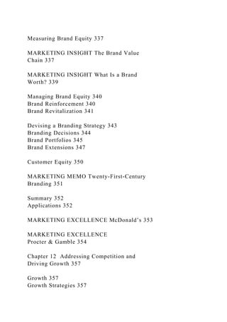 Measuring Brand Equity 337
MARKETING INSIGHT The Brand Value
Chain 337
MARKETING INSIGHT What Is a Brand
Worth? 339
Managing Brand Equity 340
Brand Reinforcement 340
Brand Revitalization 341
Devising a Branding Strategy 343
Branding Decisions 344
Brand Portfolios 345
Brand Extensions 347
Customer Equity 350
MARKETING MEMO Twenty-First-Century
Branding 351
Summary 352
Applications 352
MARKETING EXCELLENCE McDonald’s 353
MARKETING EXCELLENCE
Procter & Gamble 354
Chapter 12 Addressing Competition and
Driving Growth 357
Growth 357
Growth Strategies 357
 