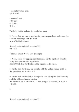 parameter value units
g 9.8 m/s2
vterm 0.7 m/s
v0 0 m/s
dt 0.01 s
t0 0 s
Table 1: Initial values for modeling drag
3. Next, find an empty section in your spreadsheet and enter the
column headings and the first
row of initial values:
time(s) velocity(m/s) accel(m/s2)
0 0 -9.8
Table 2: Excel Worksheet Example
4. Next, enter for appropriate formulas in the next set of cells,
using the appropriate algorithm.
See EXCEL file for hints on the equations to enter.
5. In the box for time, we simply add the value stored at t0 to
the previous, so 0 + 0.1 = 0.1.
6. In the box for velocity, we update this using the old velocity
and the old acceleration using
the formula v1 = v0 + a0∆t . Thus, we get 0 + (−9.8) ∗ 0.01 =
−0.098.
3
time(s) velocity(m/s) accel(m/s2)
 