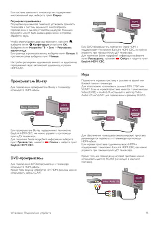 !"#$ "$"%&'( )*'(+,&-* .$,*%&(%/( ,& 0*))&/1$2(&% 
',*-*.(,(#3,45 627., 248&/$%& 07,.% !"#$#%. 
&#'()*$%+,- -(.*%+/0%.- 
9&-7#$/*2.( (7)$*24:*)( 0*62*#;&% 7"%(,*2$%3 -/*'.*"%3 
%&#&2$6*/( $ "$"%&'4 )*'(+,&-* .$,*%&(%/( 0/$ 
0&/&.#<=&,$$ " *),*-* 7"%/*5"%2( ,( )/7-*&. 9(6,$>( 2 
-/*'.*"%$ '*1&% 84%3 2462(,( /(6#$=$;'$ 2 "0*"*8(: 
*8/(8*%.$ 627.(. 
?%*84 *%/&-7#$/*2(%3 /(6,$>7 -/*'.*"%$, ,(1'$%& h, 
248&/$%& 07,.% S 1%23*'($-4*5 $ ,(1'$%& OK. 
@48&/$%& 07,.% 6-7"$%8,* 9: > ;+(, > &#'()*$%+,- 
-(.*%+/0%.-. 
!"#$ /(6,$>( 2 -/*'.*"%$ 2&#$.(, 248&/$%& 07,.% <%)=>#. @ 
0/*%$2,*' "#7=(& 248&/$%& 07,.% ?#2=>#. 
A("%/*5.$ /&-7#$/*2.$ (7)$*24:*)( 2#$;<% ,( (7)$*"$-,(#, 
0&/&)(2(&'45 =&/&6 *0%$=&".$5 (7)$*24:*) $ /(6B&' 
HDMI-ARC. 
@$%*'$/+-"#)= Blu-ray 
C#; 0*).#<=&,$; 0/*$-/42(%&# Blu-ray . %&#&2$6*/7 
$"0*#3675%& HDMI-.(8. 
!"#$ 0/*$-/42(% Blu-ray 0*))&/1$2(&% %&:,*#*-$< 
EasyLink HDMI CEC, $' '*1,* 70/(2#;%3 0/$ 0*'*D$ 
07#3%( CE %&#&2$6*/(. 
C#; 0*#7=&,$; 8*#&& 0*)/*8,*5 $,F*/'(>$$ 248&/$%& 
07,.% &(,%+%.7"+%, ,(1'$%& * !A*7%, $ ,(5)$%& 07,.% 
EasyLink HDMI CEC. 
DVD-A$%*'$/+-"#)= 
C#; 0*).#<=&,$; DVD-0/*$-/42(%&# . %&#&2$6*/7 
$"0*#3675%& HDMI-.(8. 
G/*'& %*-*, &"#$ ,( 7"%/*5"%2& ,&% HDMI-/(6B&'(, '*1,* 
$"0*#36*2(%3 .(8 SCART. 
!"#$ DVD-0/*$-/42(% 0*).#<=&, =&/&6 HDMI $ 
0*))&/1$2(&% %&:,*#*-$< EasyLink HDMI CEC, $' '*1,* 
70/(2#;%3 0/$ 0*'*D$ 07#3%( CE %&#&2$6*/(. 
C#; 0*#7=&,$; 8*#&& 0*)/*8,*5 $,F*/'(>$$ 248&/$%& 
07,.% &(,%+%.7"+%, ,(1'$%& * !A*7%, $ ,(5)$%& 07,.% 
EasyLink HDMI CEC. 
B'$- 
H*).#<=$%& $-/*27< 0/$"%(2.7 . /(6B&'7 ,( 6(),&5 $#$ 
8*.*2*5 0(,&#$ %&#&2$6*/(. 
C#; I%*-* '*1,* $"0*#36*2(%3 /(6B&' HDMI, YPbPr $#$ 
SCART. !"#$ ,( $-/*2*5 0/$"%(2.& $'&&%"; %*#3.* 24:*)4 
Video (CVBS) $ Audio L/R, $"0*#3675%& ()(0%&/ Video 
Audio L/R ,( SCART )#; 0*).#<=&,$; . /(6B&'7 SCART. 
C#; *8&"0&=&,$; ,($24"+&-* .(=&"%2( $-/*27< 0/$"%(2.7 
/&.*'&,)7&%"; 0*).#<=(%3 . %&#&2$6*/7 0/$ 0*'*D$ 
HDMI-.(8&#. 
!"#$ $-/*2(; 0/$"%(2.( 0*).#<=&,( =&/&6 HDMI $ 
0*))&/1$2(&% %&:,*#*-$< EasyLink HDMI CEC, &< '*1,* 
70/(2#;%3 0/$ 0*'*D$ 07#3%( CE %&#&2$6*/(. 
G/*'& %*-*, )#; 0*).#<=&,$; $-/*2*5 0/$"%(2.$ '*1,* 
$"0*#36*2(%3 ()(0%&/ SCART (,& 2:*)$% 2 .*'0#&.% 
0*"%(2.$). 
E"%(,*2.( / H*).#<=&,$& 7"%/*5"%2 15 
 