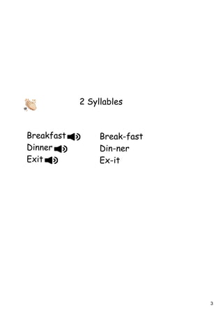 3
2 Syllables
Breakfast
Dinner
Exit
Break-fast
Din-ner
Ex-it
 
