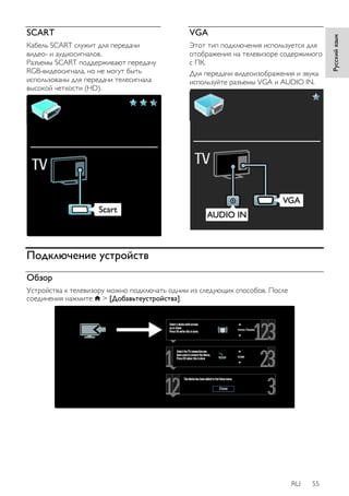 RU 55 
Русский язык 
SCART 
Кабель SCART служит для передачи 
видео- и аудиосигналов. 
Разъемы SCART поддерживают передачу 
RGB-видеосигнала, но не могут быть 
использованы для передачи телесигнала 
высокой четкости (HD). 
VGA 
Этот тип подключения используется для 
отображения на телевизоре содержимого 
с ПК. 
Для передачи видеоизображения и звука 
используйте разъемы VGA и AUDIO IN. 
Подключение устройств 
Обзор 
Устройства к телевизору можно подключать одним из следующих способов. После 
соединения нажмите > [Добавьтеустройства]. 
 