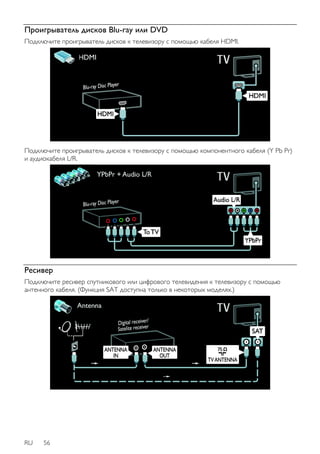 Проигрыватель дисков Blu-ray или DVD 
Подключите проигрыватель дисков к телевизору с помощью кабеля HDMI. 
Подключите проигрыватель дисков к телевизору с помощью компонентного кабеля (Y Pb Pr) 
и аудиокабеля L/R. 
Ресивер 
Подключите ресивер спутникового или цифрового телевидения к телевизору с помощью 
антенного кабеля. (Функция SAT доступна только в некоторых моделях.) 
RU 56 
 
