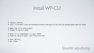 Install WP-CLI
# Install WP-CLI
$ curl -O https://raw.githubusercontent.com/wp-cli/builds/gh-pages/phar/wp-cli.phar 
# Make the file executable 
$ chmod +x wp-cli.phar 
# Move it to somewhere in your PATH 
$ sudo mv wp-cli.phar /usr/local/bin/wp
# Test WP-CLI.
$ wp —info
Source: wp-cli.org
 