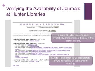 +
    Verifying the Availability of Journals
    at Hunter Libraries



                                 Details about online and print
                            availability and coverage display in the
                                          search results.




                           NOTE: This search is will not tolerate
                             errors in spelling or variations in
                                         wording.
 