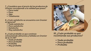 Para nada
Poco
Algo
Totalmente
Nada satisfecho
Poco satisfecho
Satisfecho
Muy satisfecho
Nada probable
Poco probable
Probable
Muy probable
7. ¿Considera que el precio de los productos de
Granier corresponde a la calidad que posee?
8. ¿Cuán satisfecho se encuentra con Granier
en general?
9. ¿Cuán probable es que continúe
consumiendo alimentos y bebidas en Granier
de la UCAB?
Nada probable
Poco probable
Probable
10. ¿Cuán probable es que
recomiende sus productos?


 
