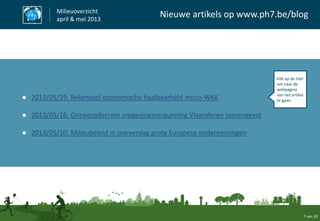 7 van 10
Milieuoverzicht
april & mei 2013
Nieuwe artikels op www.ph7.be/blog
● 2013/05/29: Rekentool economische haalbaarheid micro-WKK
● 2013/05/16: Ontwerpdecreet omgevingsvergunning Vlaanderen samengevat
● 2013/05/10: Milieubeleid in jaarverslag grote Europese ondernemingen
Klik op de titel
om naar de
webpagina
van het artikel
te gaan.
 
