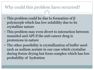 Why could this problem have occurred?

 This problem could be due to formation of β
  polymorph which has low solubility due to its
  crystalline nature
 This problem may even divert to interaction between
  mannitol and API if the anti cancer drug is
  protenious in nature
 The other possibility is crystallization of buffer used
  such as sodium acetate in our case which crystalise
  during freeze drying but form complex which has low
  probability of hydration
 