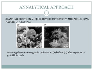 ANNALYTICAL APPROACH

SCANNING ELECTRON MICROSCOPY HELPS TO STUDY MORPHOLOGICAL
NATURE OF CRYSTALS




 Scanning electron-micrographs of δ-crystal; (a) before, (b) after exposure to
 97%RH for 20 h
 