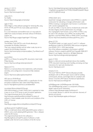 xerces-c++ (3.1.1) 
For MPEG-DASH 
Source: http://xerces.apache.org/ 
webp (0.2.1) 
For Netflix 
Source: https://code.google.com/p/webp/ 
wget (1.10.2) 
GNU Wget is a free software package for retrieving files using 
HTTP, HTTPS and FTP, the most widely-used Internet 
protocols. 
It is a non-interactive commandline tool, so it may easily be 
called from scripts,?cron?jobs, terminals without X-Windows 
support, etc. 
Source: http://ftp.gnu.org/gnu/wget/wget-1.10.2.tar.gz 
wireless_tools (0.29) 
The Wireless Tools (WT)?is a set of tools allowing to 
manipulate the Wireless Extensions. 
They use a textual interface and are rather crude, but aim to 
support the full Wireless Extension. 
Source: http://www.hpl.hp.com/personal/Jean_Tourrilhes/Linux/T 
ools.html 
ezxml (0.8.6) 
ezXML is a C library for parsing XML documents. Used inside 
Philips libraries. 
Source: http://sourceforge.net/projects/ezxml/ 
SQLite (3.7.7.1) 
SQLite is a in-process library that implements a self-contained, 
serverless, zero-configuration, transactional SQL database 
engine. 
Source: http://www.sqlite.org/download.html 
AES (aes-src-29-04-09.zip) 
Advanced Encryption Standard (AES) is a specification for the 
encryption of electronic data. Used inside Philips libraries. 
Source: http://gladman.plushost.co.uk/oldsite/AES/ 
microhttpd (libmicrohttpd-0.9.9.tar.gz) 
GNU libmicrohttpd is a small C library that is supposed to make 
it easy to run an HTTP server as part of another application. 
The original download site for this software is : 
http://www.gnu.org/software/libmicrohttpd/This piece of 
software is made available under the terms and conditions of the 
LGPL v2.1 license 
Source: 
http://ftp.gnu.org/gnu/libmicrohttpd/libmicrohttpd-0.9.9.tar.gz 
yajl (lloyd-yajl-2.0.1-0-gf4b2b1a.tar.gz) 
YAJL is a small event-driven (SAX-style) JSON parser written in 
ANSI C, and a small validating JSON generator. YAJL is released 
under the ISC license. 
The original download site for this software is : 
http://lloyd.github.com/yajl/This piece of software is made 
available under the terms and conditions of the ISC license 
Source: http://pkgs.fedoraproject.org/repo/pkgs/yajl/lloyd-yajl-2.0. 
1-0-gf4b2b1a.tar.gz/df6a751e7797b9c2182efd91b5d64017/lloyd-yajl- 
2.0.1-0-gf4b2b1a.tar.gz 
HMAC-SHA1 (0.1) 
keyed-hash message authentication code (HMAC) is a specific 
construction for calculating a message authentication code 
(MAC) involving a cryptographic hash function in combination 
with a secret cryptographic key. 
As with any MAC, it may be used to simultaneously verify both 
the data integrity and the authentication of a message. 
Any cryptographic hash function, such as MD5 or SHA-1, may 
be used in the calculation of an HMAC; the resulting MAC 
algorithm is termed HMAC-MD5 or HMAC-SHA1 accordingly. 
Source: http://www.deadhat.com/wlancrypto/hmac_sha1.c 
gSoap (2.7.15) 
The gSOAP toolkit is an open source C and C++ software 
development toolkit for SOAP/XML Web services and generic 
(non-SOAP) C/C++ XML data bindings. 
Part of the software embedded in this product is gSOAP 
software. Portions created by gSOAP are Copyright 2000-2011 
Robert A. van Engelen, Genivia inc. All Rights Reserved. 
Source: http://sourceforge.net/projects/gsoap2/ 
jquery (1.10.2) 
jQuery is a fast and concise JavaScript Library that simplifies 
HTML document traversing, event handling, animating, and Ajax 
interactions for rapid web development. 
Source: http://jquery.com/ 
Libupnp (1.2.1) 
The Linux* SDK for UPnP* Devices (libupnp) provides 
developers with an API and open source code for building 
control points, devices, and bridges that are compliant with 
Version 1.0 of the UPnP Device Architecture Specification. 
Source: http://upnp.sourceforge.net/ 
mDNSResponder (mDNSResponder-320.10.80) 
The mDNSResponder project is a component of Bonjour, 
Apple's ease-of-use IP networking 
initiative:<http://developer.apple.com/bonjour/> 
In our project, Bonjour is used for the automatic discovery of 
devices and services 
Source: http://developer.apple.com/bonjour/ 
105 
 