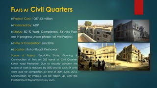 Project Cost: 1087.63 million
Financed by: ADP
Status: 50 % Work Completed, 54 Nos Flats
are in progress under phase I of the Project.
Date of Completion: Jan 2016
Location: Kohat Road, Peshawar
Scope of Project: Feasibility Study, Planning &
Construction of flats on 303 kanal at Civil Quarters
Kohat road Peshawar. Due to security concern the
scope of work is reduced by 50% and as such 54 units
were due for completion by end of 30th June, 2015.
Construction of Phase-II will be taken up with the
Establishment Department very soon.
FLATS AT Civil Quarters
 