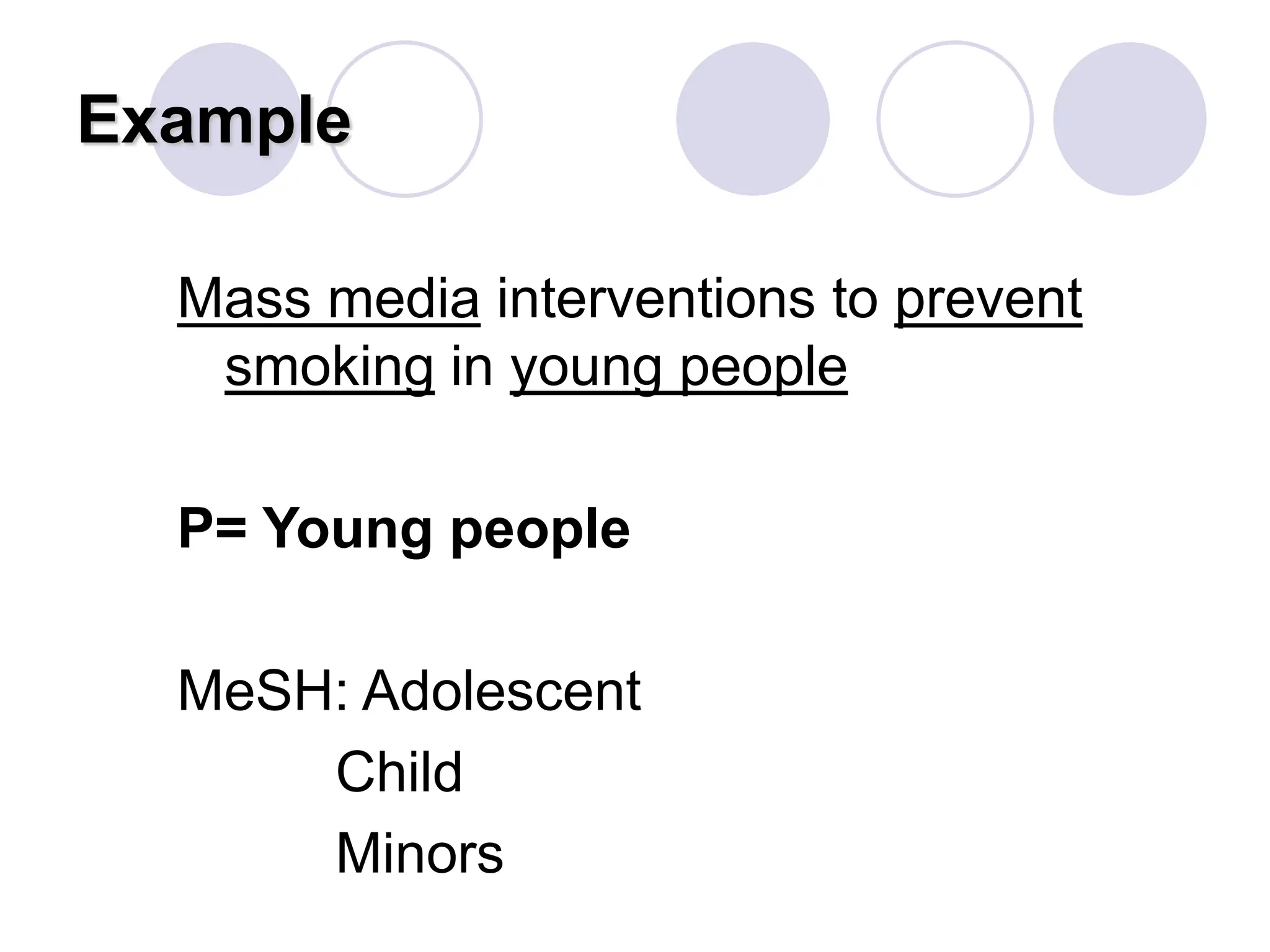 Example
Mass media interventions to prevent
smoking in young people
P= Young people
MeSH: Adolescent
Child
Minors
 