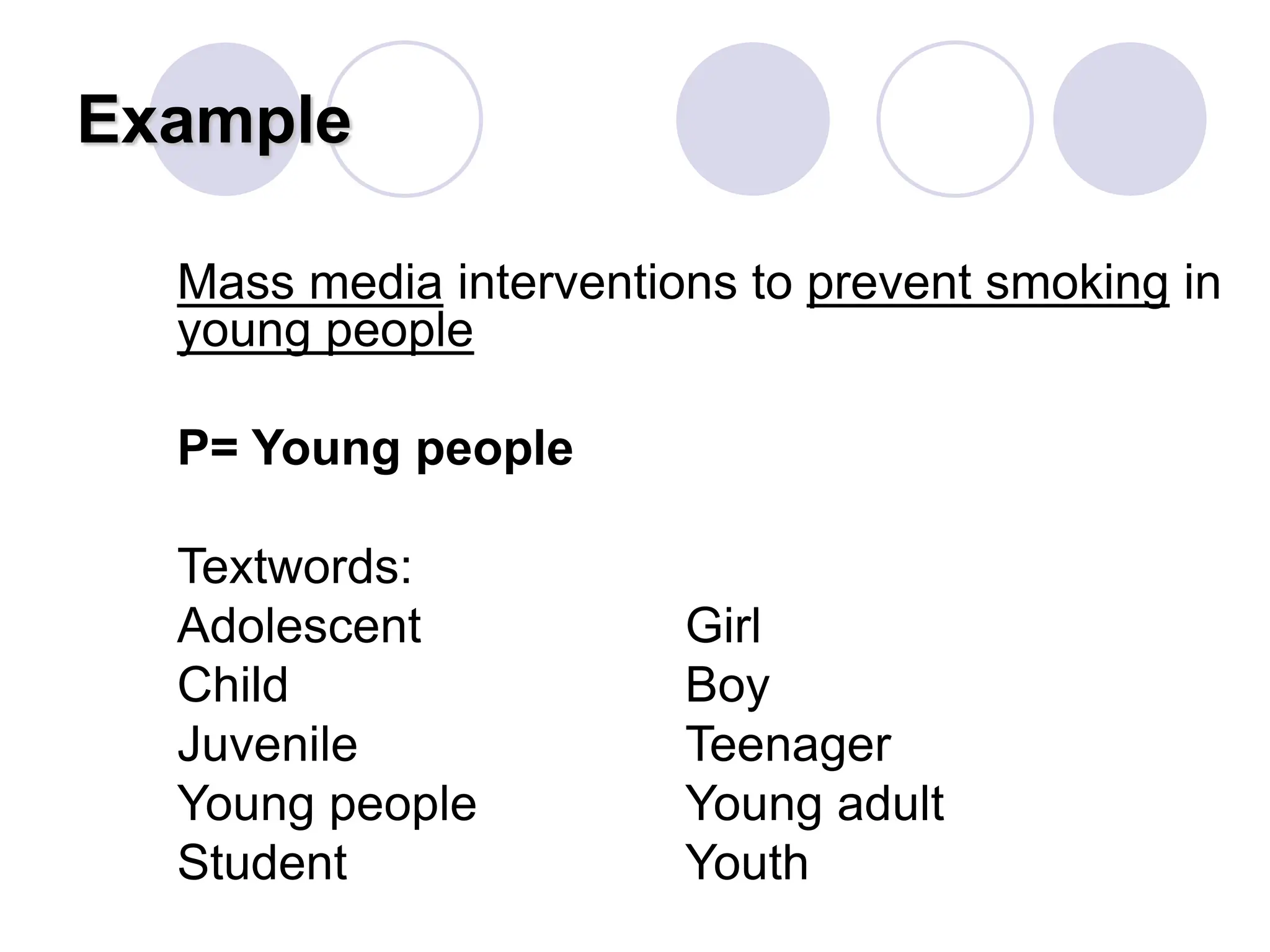 Example
Mass media interventions to prevent smoking in
young people
P= Young people
Textwords:
Adolescent Girl
Child Boy
Juvenile Teenager
Young people Young adult
Student Youth
 
