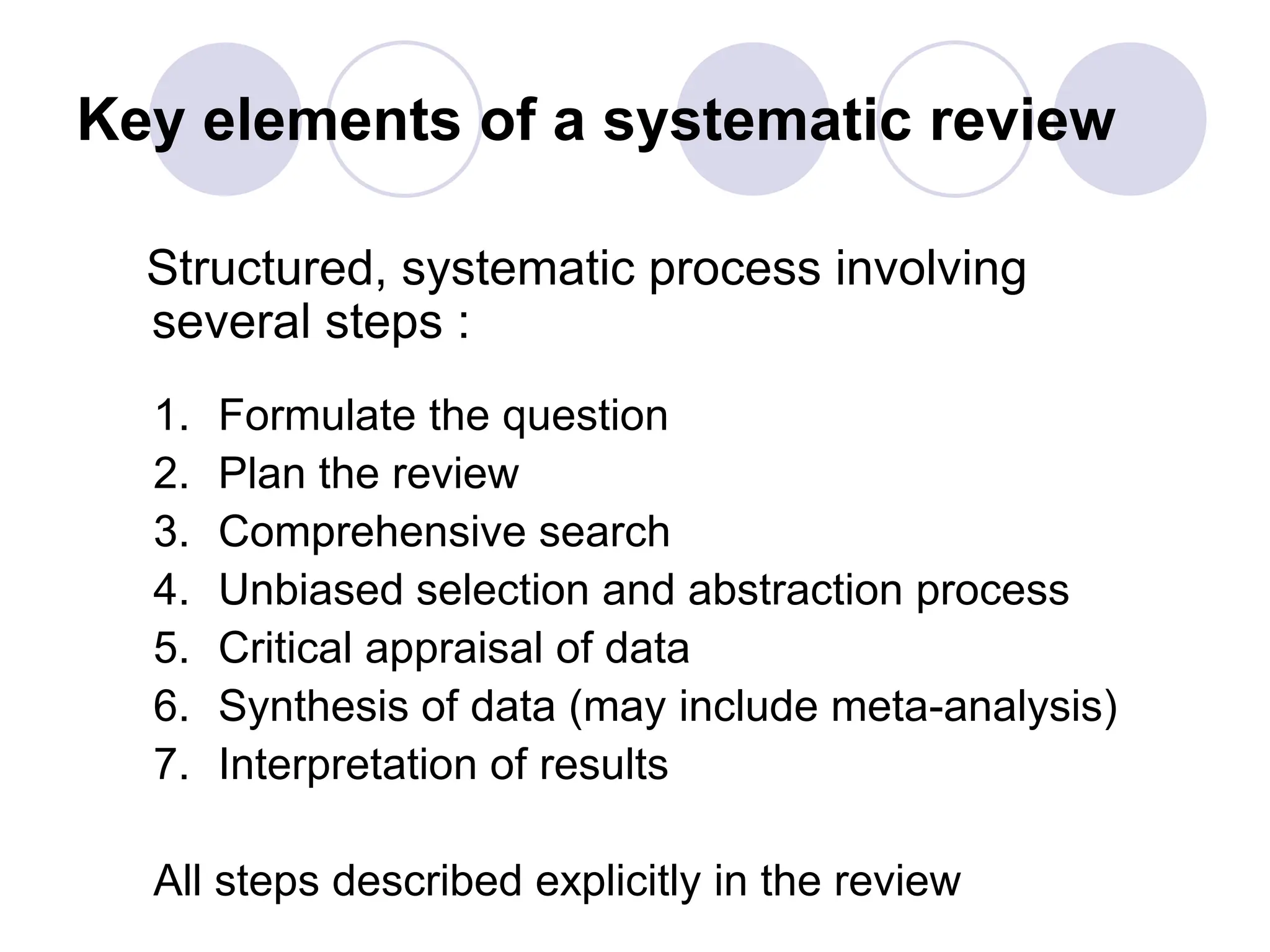 Key elements of a systematic review
Structured, systematic process involving
several steps :
1. Formulate the question
2. Plan the review
3. Comprehensive search
4. Unbiased selection and abstraction process
5. Critical appraisal of data
6. Synthesis of data (may include meta-analysis)
7. Interpretation of results
All steps described explicitly in the review
 