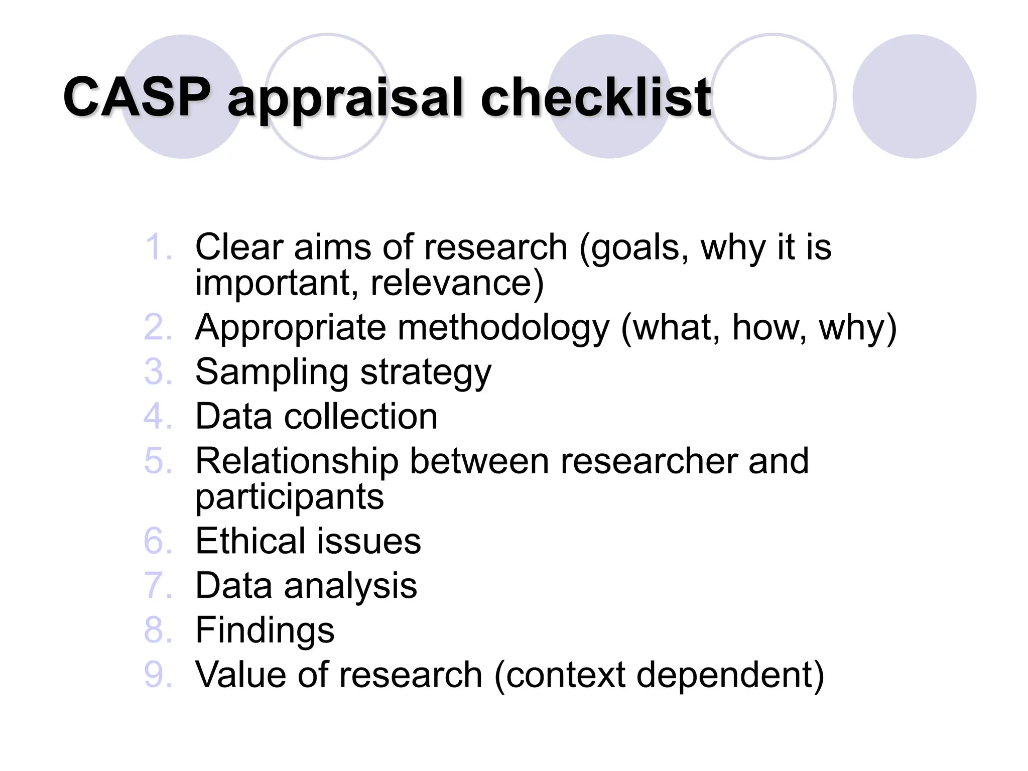 CASP appraisal checklist
1. Clear aims of research (goals, why it is
important, relevance)
2. Appropriate methodology (what, how, why)
3. Sampling strategy
4. Data collection
5. Relationship between researcher and
participants
6. Ethical issues
7. Data analysis
8. Findings
9. Value of research (context dependent)
 