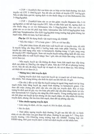 + CVP > 1ScmB20, Hct cao kern sire co b6p co tim binh thuong: thir dich
truyen voi CPT S-l Oml/kg/gio. Sau do neu cai thien se truyen CPT Srnl/kg/gio.
N~u co dau hieu qua tai, ngung dich va cho thuoc tang co co tim Dobutamin liSu
3-10JJ,g/kg/phut.
+ CVP > 1ScmH20 kern sire co co tim giam: truyen Dopamin liSu S-10
ug/kg/phut co thS k~t hQ'Ptruyen CPT. N~u co d§.uhieu qua tai, ngung dich va
cho thuoc tang co co tim Dobutamin liSu 3-1Oug/kg/phut. N~u can s6c kern
giam sire co co tim thi phoi hQ'Pthem Adrenaline liSu 0,OS-0,3ug/kg/phut hoac
phoi hQ'PNoradrenaline liSu O,OS-lug/kg/phut trong tnrong hQ'Pgiam khang hrc
mach rnau. DiSu tri toan, ha Calci neu c6.
Phu luc 13: SUdung thuoc van mach trong soc SXHD
* N~u Bct thap « 3S%) hoac giarn > 20% so voi ban dau.
- C~n phai tharn kham dS phat hien xu§.thuyet noi va truyen mau, t6t nhat
1a truySn h6ng c~u l~ng (BCL) Smllkg ho?c mau toan ph~n 10mllkg. T6c d9
truySn tuy tinh tr~ng chay mau va hematocrit, thuang trong 1-2 gia, song song
d6 truySn CPT 10mllkg/gia. Xem xet truYSnhuy~t tuang dong l~nh dS c~m mau
(xem ph~n diSu tri xu§.thuy~t n?ng). Sau 1 gia, n~u cai thi~n Himsang va Bct thi
xu tr1thea (a).
- N~u m~ch, huy~t ap v~n khong do duQ'c: bam tInh m~ch tqrc ti~p dung
dich cao phan tu 20mllkg can n?ngllS phut. Nen do CVP dS c6 phuang huang
xu tr1. Sau d6 n~u do duQ'chuy~t ap va m~ch ra, thi xu tri theo (a). N~u khong
cai thi~n thi xu tr1thea (b.2).
* Nh frng hru y khi truy~ndjch
- Ngung truySn dich tInh m~ch khi huy~t ap va m~ch tra vS binh thuang,
tiSu nhiSu. N6i chung khong c~n thi~t bu dich sau khi h~t s6c 24 gia.
- C~n chu y d~n Sl tai h§.pthu huy~t tuang tu ngoai long m~ch tra l~i long
m~ch (biSu hi~n b~ng huy~t ap, m~ch binh thuang va hematocrit giam). C~n
thea dai tri~u chUng phu ph6i c§.p n~u can ti~p holCtruySn dich. Khi c6 hi~n
tUQ'ngbu dich qua tai gay suy tim ho?c phu ph6i c§.pc~n phai dung thu6c lqi tiSu
nhu furosemide 0,S-1mg/kg din n?ng/l~n (tInh m~ch). Trong truang hQ'Psau khi
s6c h6i phlC rna huy~t ap k~t nhung chi §.mm~ch ch?m, ra, tiSu nhiSu thi khong
truYSndich, nhung v~n lUllkim tinh m~ch, thea dai t~i phong c§.pcuu.
* Tieu chuAn nglfng truy~ndjch
+ Lam sang 6n dinh, chi §.m,m~ch ra, BA 6n dinh, tiSu kha.
+ Bct 6n dinh.
+ Thai diSm ngung truySn dich thuang 24 gia sau khi hSt s6c va b~nh
nhan c6 cac d§.uhi~u cua giai do~n h6i phlc, thuang la sau ngay 6-7. T6ng dich
truySn thuang 120-1S0mllkg trong truang hQ'P s6c SXHD. Truang hQ'p s6c
SXHD n?ng, thai gian truySn dich va thS tich dich truySn c6 thS nhiSu han.
12
 