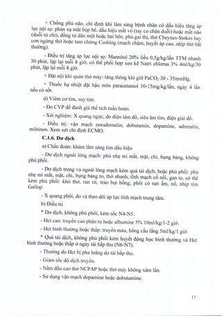 + Ch6ng phil nao, chi dinh khi Him sang benh nhan co d~u hieu tang ap
hrc noi so: phan X?mit bup be, d~u hieu m~t vo (tay co chan du6i) hoac mat nao
(duoi tir chi), d6ng nr dan mot hoac hai ben, phil gai thi, tho Cheynes-Stokes hay
can ngimg tho hoac tam chung Cushing (mach cham, huyet ap cao, nhip tho b~t
thirong),
- DiSu tri tang ap luc n9i so: Mannitol 20% liSu 0,5g/kg/l~n TTM nhanh
30 phut, l?p lai m6i 8 gio, co thS phoi h9'P xen ke Natri chlorua 3% 4mllkg/30
phut, lap Iai m6i 8 gio.
+ D?t noi khi quan tho' may: tang thong khi gifr PaC02 30 - 35mmHg.
, + !hu6c ha nhiet d?t hau rnon paracetamol 10-15mg/kg/l~n, ngay 4 l~n
neu co sot.
d) Viem co tim, suy tim.
- Do CVP dS danh gia the tich tu~n hoan.
- Xet nghiem: X quang ngirc, do dien tam d6, sieu am tim, dien giai d6.
- DiSu tri: van mach noradrenalin, dobutamin, dopamine, adrenalin,
milrinon. Xem xet chi dinh ECMO.
C.1.6. Du dich
a) Ch~n doan: kham lam sang tim d~u hi~u
- Du dich ngoai long m?ch: phil nhv mi m~t, m?t, chi, bVng bang, khong
phil ph6i.
- Du dich trong va ngoai long ~?ch kern qua tiii dich, ho?c phil ph6i: phil
nhv mi mit, m?t, chi, bVng bang to, tho nhanh, Hnh m?ch c6 n6i, gan to, co thS
kern phil ph6i: kho tho', ran fit, trao b<;>th6ng, ph6i co ran ~m, n6, nhip tim
Gallop.
- X quang ph6i, do va theo d5i ap Ivc tInh m?ch trung tam.
b) DiSu tri
* Du dich, khong phil ph6i, kern s6c N4-N5.
- Hct cao: truySn cao phan tu ho?c albumine 5% 1Omllkg/1-2 gia.
- Hct binh thuemg ho?c th~p: truySn mau, h6ng c~u ling 5mllkgll gia.
* Qua tiii dich, khong phil ph6i kern huyst d9ng h<;>cbinh thuemg va Hct
binh thuang ho?c th~p 0 ngay tai h~p thu (N6-N7).
- Thuang do Hct bi pha loang do tai h~p thu.
- Giiim t6c d9 dich truySn.
- N~m d~u cao tho NCPAP ho?c tho may khong xam l~n.
- SUdVng v?n m?ch dopamine ho?c dobutamine.
17
 