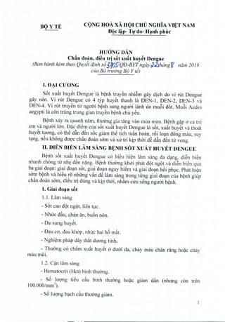 BOYTE CONG HoA xA HOI CHi) NGHiA VIET NAM. . .
DQc l~p- TV do- H~nh plnic
HUaNG DAN
ChAn doan, di~u tr] sat xu~t huyet Dengue
(Ban hanh kern thea Quyet dinh s631OSlQD-BYT,ngayrt:2.thangr nam 2019
cua B(J tru6ng B(J Y te)
I. D~I CUONG
S6t xuat huyet Dengue 1.1benh truyen nhiem gay dich do vi rut Dengue
gay nen. Vi rut Dengue co 4 typ huyet thanh 1.1DEN-I, DEN-2, DEN-3 va
DEN-4. Vi rut truyen nr nguoi benh sang nguoi lanh do muoi d6t. Mu6i Aedes
aegypti 1.1con trung trung gian truyen benh chu yeu,
Benh xay ra quanh nam, thuong gia tang vao mila rmra. Benh g?P &ca tre
em va nguoi Ian. Dac diem cua s6t xuat huyet Dengue 1.1sot, xu~t huyet va thoat
huyet nrong, co thS d~n dSn s6c giam thS tich twin hoan, r6i loan dong mau, suy
tang, neu khong ducc chan doan sam va xu tri kip thai dS d~n dSn nr vong.
II. DIEN BIEN LAM sANG B¥NH SOT XUAT HUYET DENGUE
Benh s6t xu~t huyet Dengue co biSu hien lam sang da dang, diSn biSn
nhanh chong tir nhe dSn nang. B~nh thuang kh&i phat dQt ngQt va diSn biSn qua
ba giai do~n: giai do~n s6t, giai do~n nguy hiSm va giai do~n h6i phl,lc. Phitt hi~n
sam b~nh va hiSu r5 nhfrng v~n dS lam sang trong tung giai do~n cua b~nh giup
ch~n doan sam, diSu tri dung va kip thai, nh~m Clm s6ng nguai b~nh.
1. Giai do~n sat
1.1. Lam sang
- S6t cao dQtngQt, lien tl,lc.
- Nhuc dAu,chan an, bU6n non.
- Da xung hUySt.
- Dau ca, dau khap, nhuc hai h6 m~t.
- Nghi~m phap day th~t duang tinh.
- Thuang co ch~m xu~t huySt &duai da, chay mau chan rang ho?c chay
mau mlii.
1.2. C?n Himsang
- Hematocrit (Hct) binh thuang.
- S6 lUQ'llg tiSu cAu binh thuang ho?c giam dAn (nhung con tren
100.000/mm3).
- S6 lUQ'llgb~ch cAuthuang giam .
 