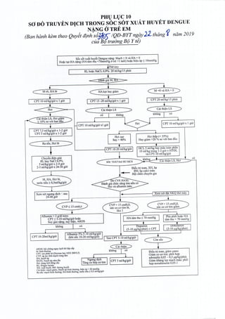 PHl) Ll)C 10
SO DO TRUYEN DICH TRONG SOC SOT XUAT HUYET DENGUE
NANG (J TRE EM
(Banhann kern thea Quyet dtnh·s6Mef /QD-BYTng~yllthimg f ndm 2019
cua B9 truangB9 Y te)
S6c s6t xudt huyet Dengue nang: Mach ';' 0 va HA = 0
Ho(ic !It HA n~ng (HA Himtim <70mmHg a tre >1 tu6i) ho~c hi9Uap:S 10mmHg
Tho oxy
RL boac NaCL 0,9%: 20 ml/kg/l5 phut
Chuy~n di~ngiai
RLhayNaCI0,9%
5 ml/kg/gio x 2-4 gio'
2-3 mllkg/gia x 24-36 gia
Cai thien LS, Hct
DiSu tri toan XH ha
DH, h,<t cal~i m~u .
HQi chan chuyen gia
Albumin < 2 g/dl kern:
CPT ~ 5-10 rnlrkg/giohoac
Suy gan nang, suy than, ARDS
kh6ng
ARDS: h(li chirng nguy kich h6 hiip c:p
bt: blnh thuong
CPT: cao pban nr (Dextran. hay HES 200/0,5)
CVP: tip Jvc tinh mach trung tam
HA: huyetlip ,
HAXL: huyet ap.xam,lan
Her: dung tich hong diu
RL: Ringer lactate
XH: xufit huy8r, £>H:duong huy~t
Cai thien: mach gtarn, Huyet up binh thirong, hieu {Q > 20 mmHg
Ra s6c: mnch blnh tlurong, HA blnh tlurong, mrcc tieu 2: 0,5 mllkg/g'icr
Di6u tri toan, giarn canxi
Giam co CCY tim: phoi hop
adrenalin 0,05 - 0,3 flg/kg/phut,
Giani khang luc mach mau: pMi
hop noradrenalin0,05-1
 