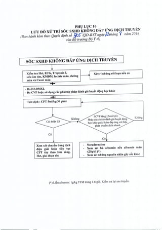 PHULUC 16
LUU DO XU TRl SOC SXHD KHONG DAp UNG DICH TRUYEN
(Ban hanh kern thea Quydt dinh s6 5(oSlQD-BYTn,gay~J...thimg <; ndm 2019
cua B{Jtruong B{JY te)

SOC SXHD KHONG flAp UNG DICH TRUYEN. 
1
1--.w1 Xu tri nhfrng rAi lo~n -: --'
Ki€m tra Hct, ECG, Troponin I,
sieu am tim, KMDM, lactate mau, dU<rng
rnau va Canxi mau
-DoHADMXL
_Do CVP ho~c sir dung cac phuong phap danh gia huy~t dQng hQCkhac
Test djch : CPT Smllkg/30 phut
t;CYP tang ~5crnH20;
Hoac cac chi 56 danh gia huyet dong
h9C khac gci y kern dap img voi lieu
phap truyen dich nhanh
Khong
C6
Xem xet chuy€n dung djch
di~n giii ho~c ti~p tuc
CPT toy theo lam sang,
Hct, giai dogn sac
- Noradrenaline
Xem xet bu albumin neu albumin mau
~2Sg/dl (*)
_ Xem xet nhii'ng nguyen nhan gay sac khac
(*) Li~u albumin: l g/kg TIM trong 4-6 gio. Ki~m tra lai sau truyen.
 